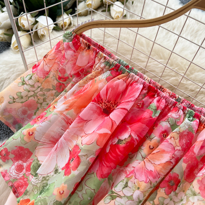 ruffled patchwork waist slimming and elegant printed chiffon dress