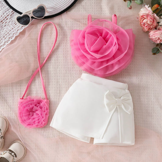 Cute flower top , pant style skirt & bag set
