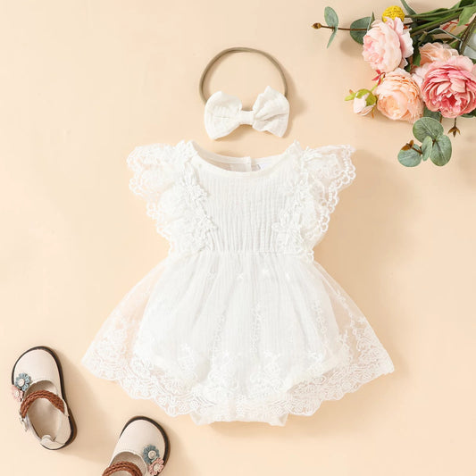 Cotton organic with net embroidery dress + headband
