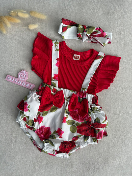 Rose romper set with ribbon headband