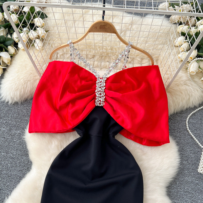 fashionable diamond chain halter bow, slim-fitting  dress
