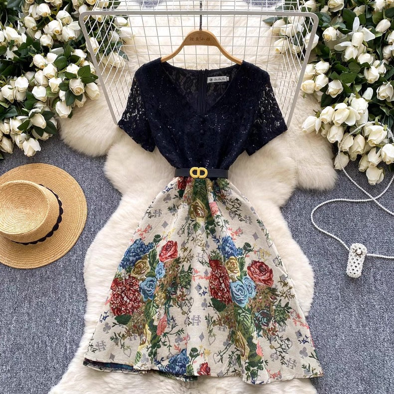 short-sleeved lace patchwork jacquard dress