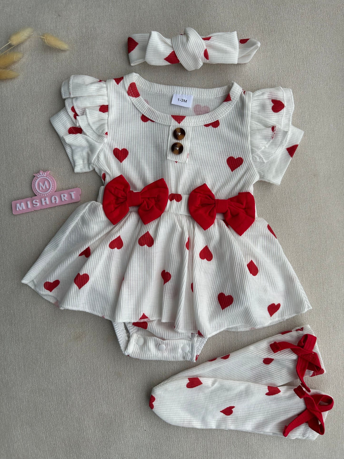 Love printed bow style romper , socks, ribbon headband