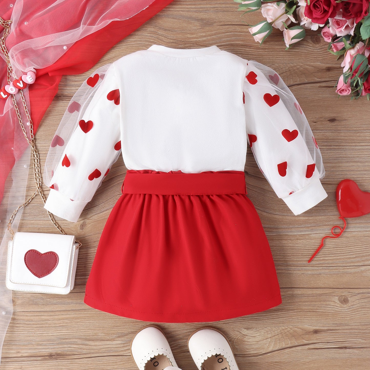 Baby Puff Sleeve Love Top Red Skirt and Belt Suit