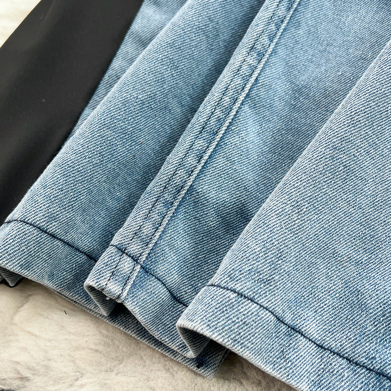 short-sleeved T-shirt with stitching denim suspender dress