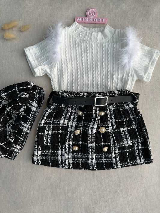 Hot selling tweed skirt , feather top with belt & hat