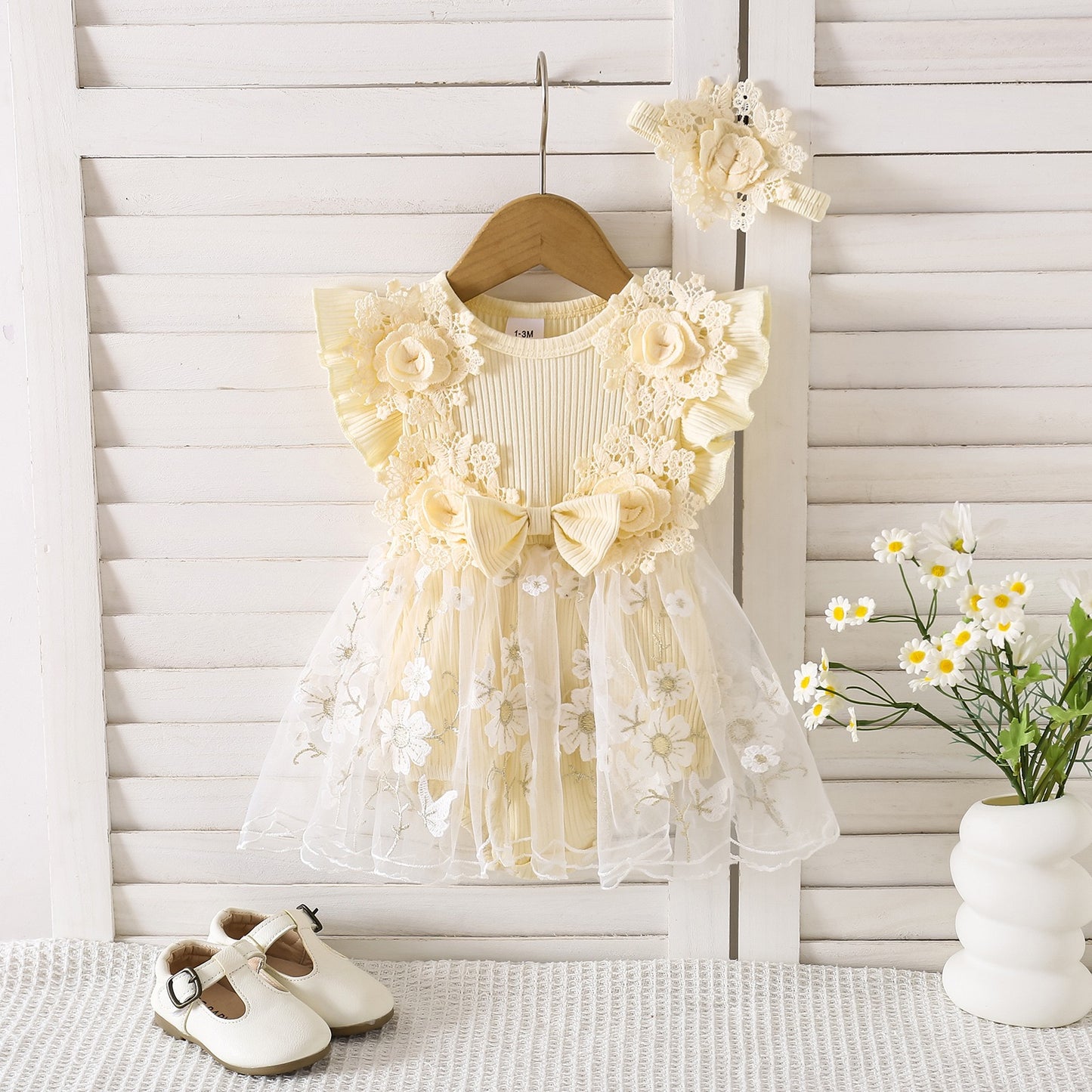 3D exclusive lace work dress with headband