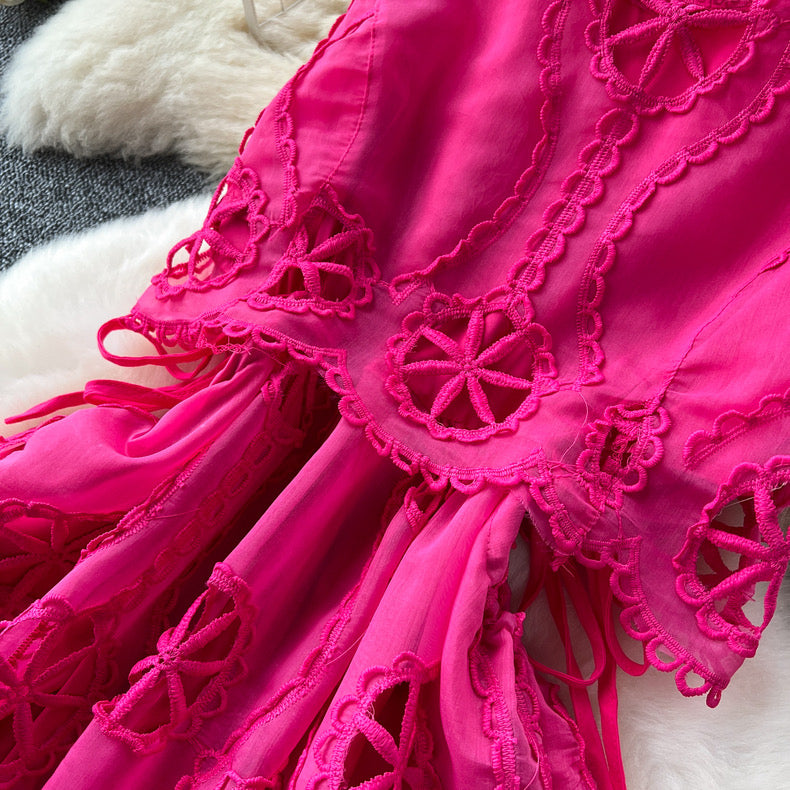 hollow lace cutwork embroidery waist stitching sleeveless dress
