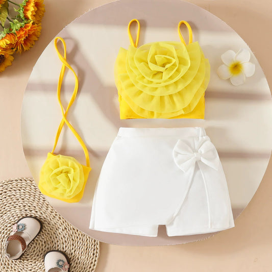 Cute flower top , pant style skirt & bag set