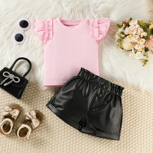 Pink ribbed top & leather pant