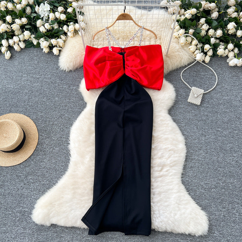 fashionable diamond chain halter bow, slim-fitting  dress