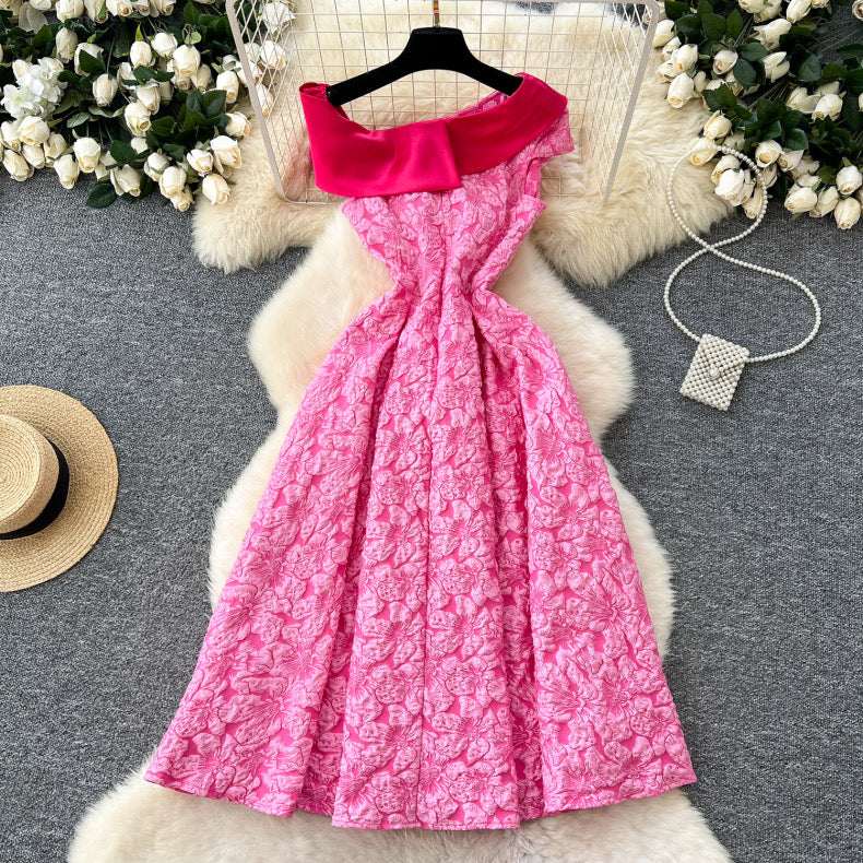 oblique shoulder jacquard wide swing dress