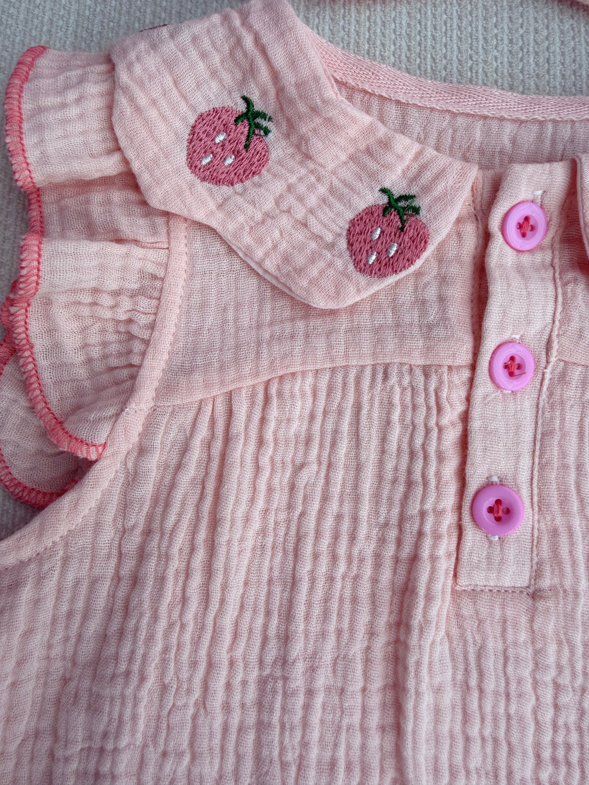Organic cotton light pink strawberry romper set