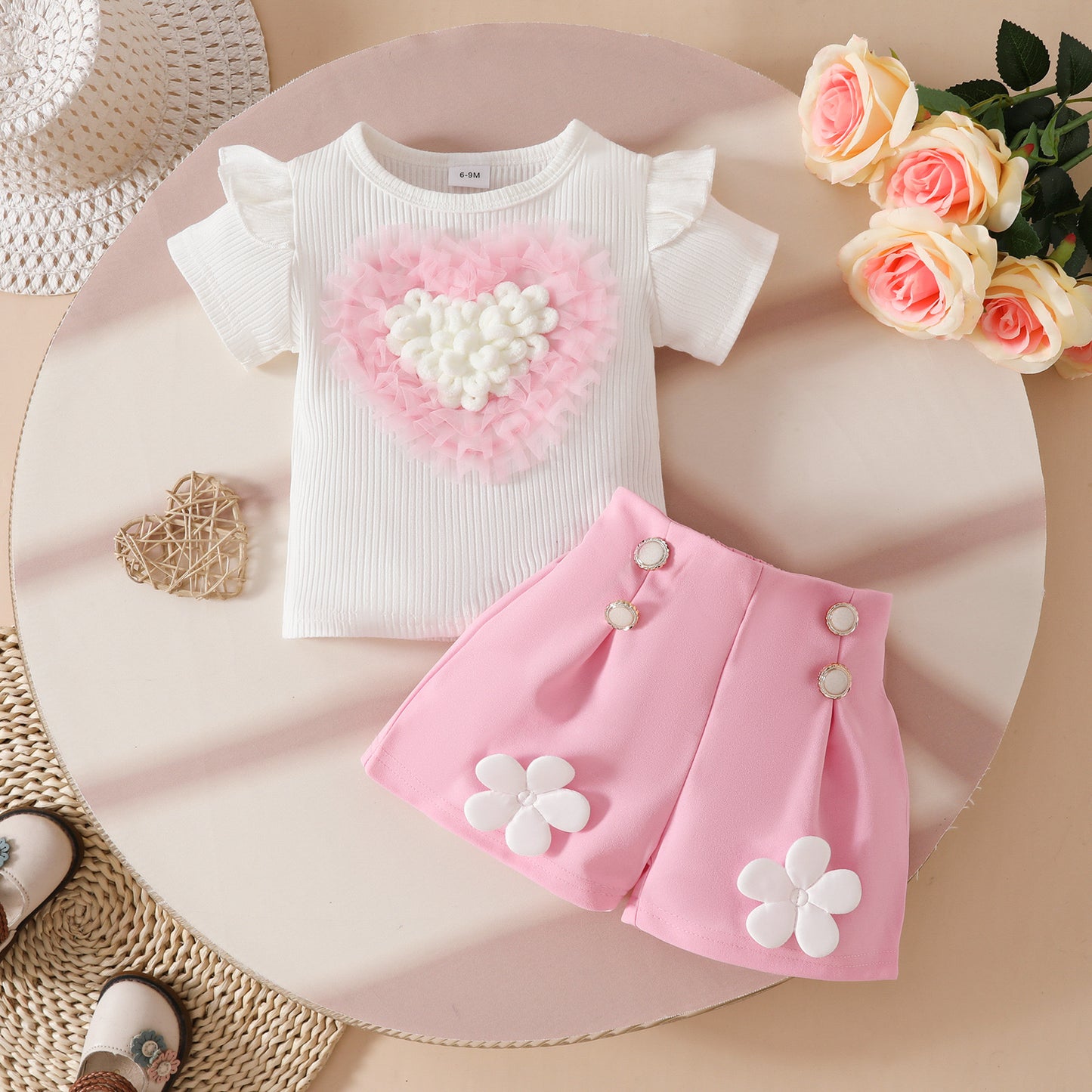 3D work ribbed top & pant set