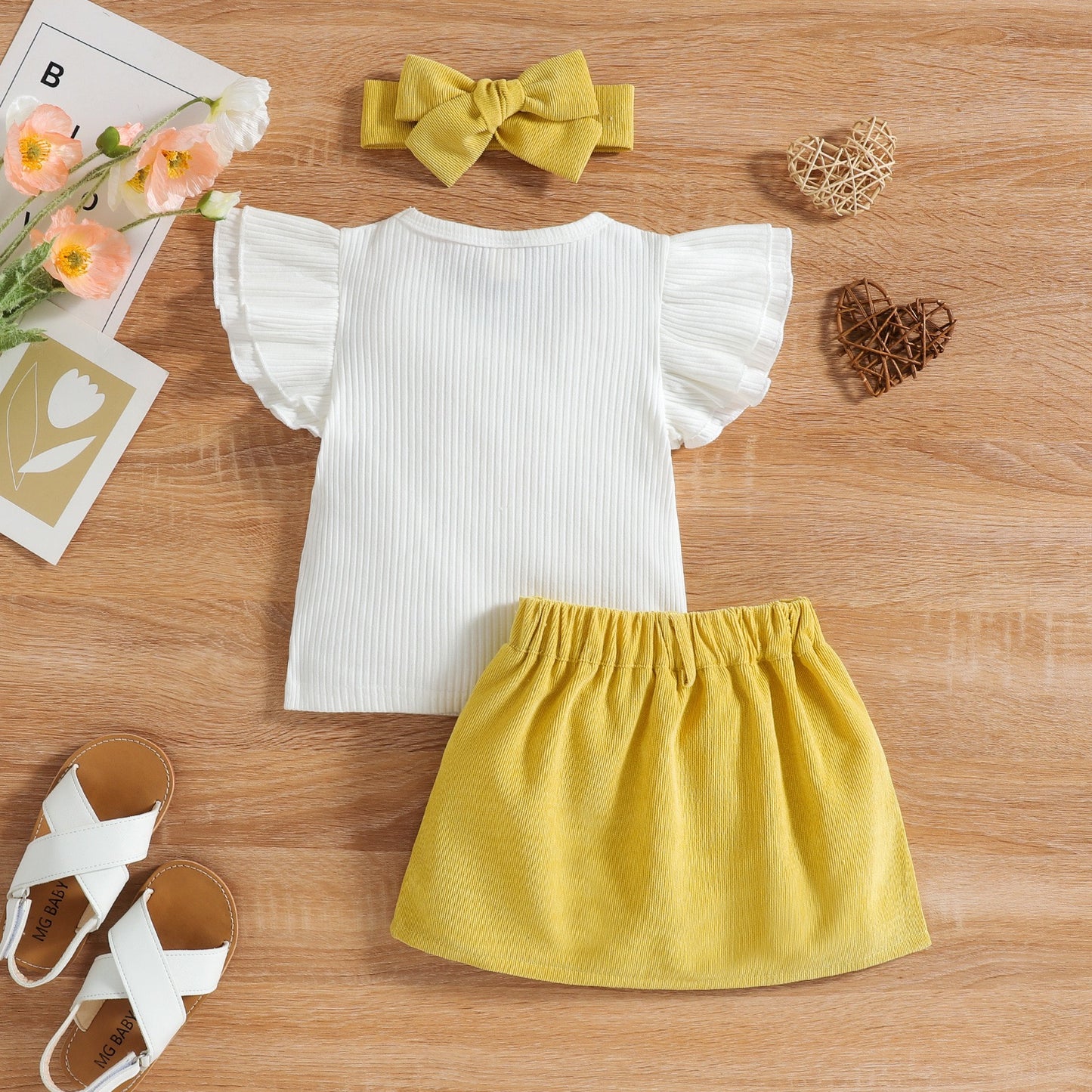 Baby flying sleeves corduroy skirt hairband set