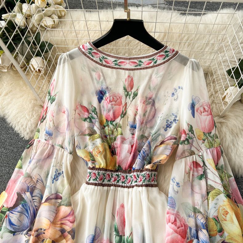 palace style  bell sleeves chiffon ruffle dress