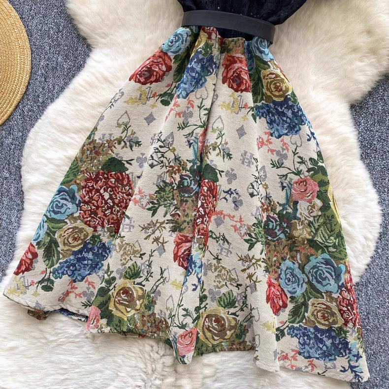 short-sleeved lace patchwork jacquard dress