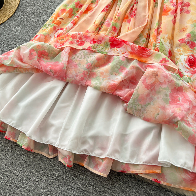 ruffled patchwork waist slimming and elegant printed chiffon dress