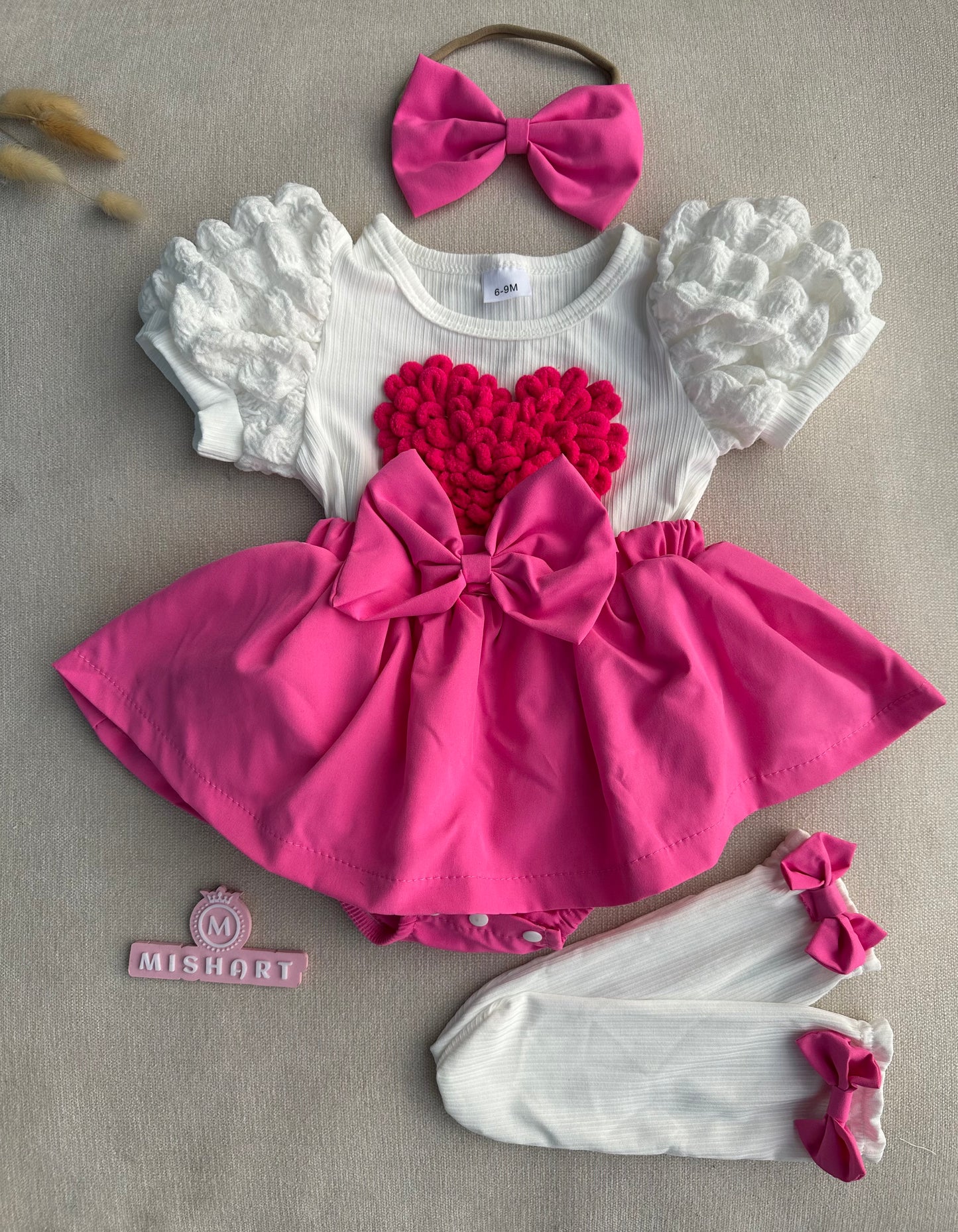 3D Cute love shape attached romper with headband & socks