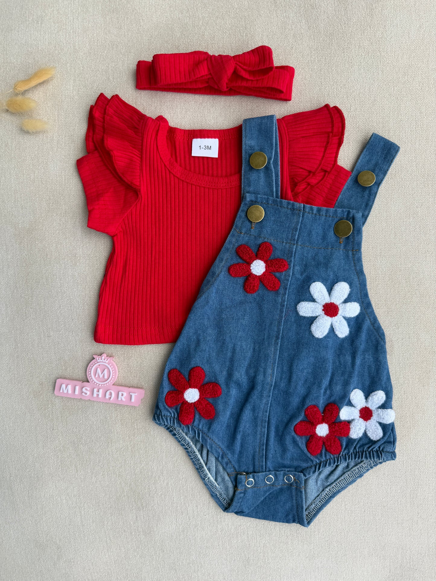 Red & Denim Floral Baby Girl Romper Set 🌸