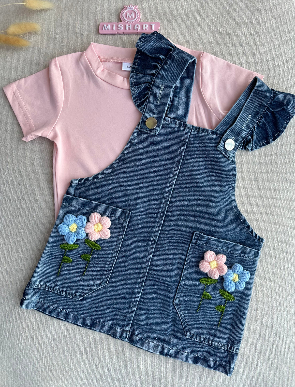 Denim romper & pink tshirt set