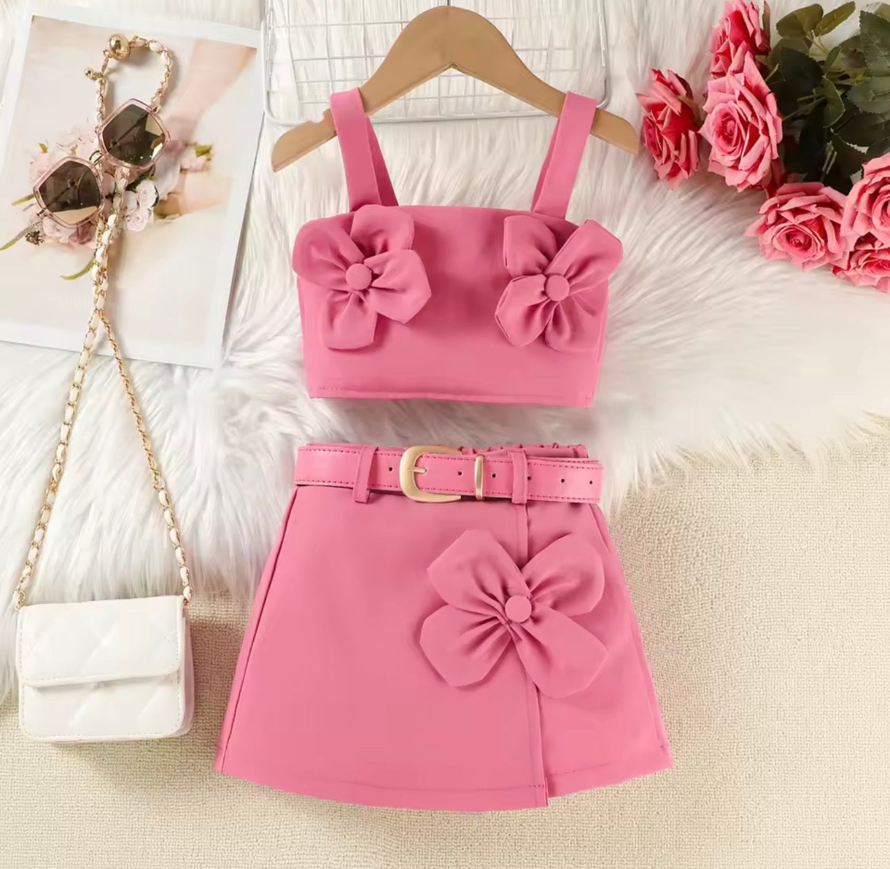 3D flower crop top with skirt & belt 2