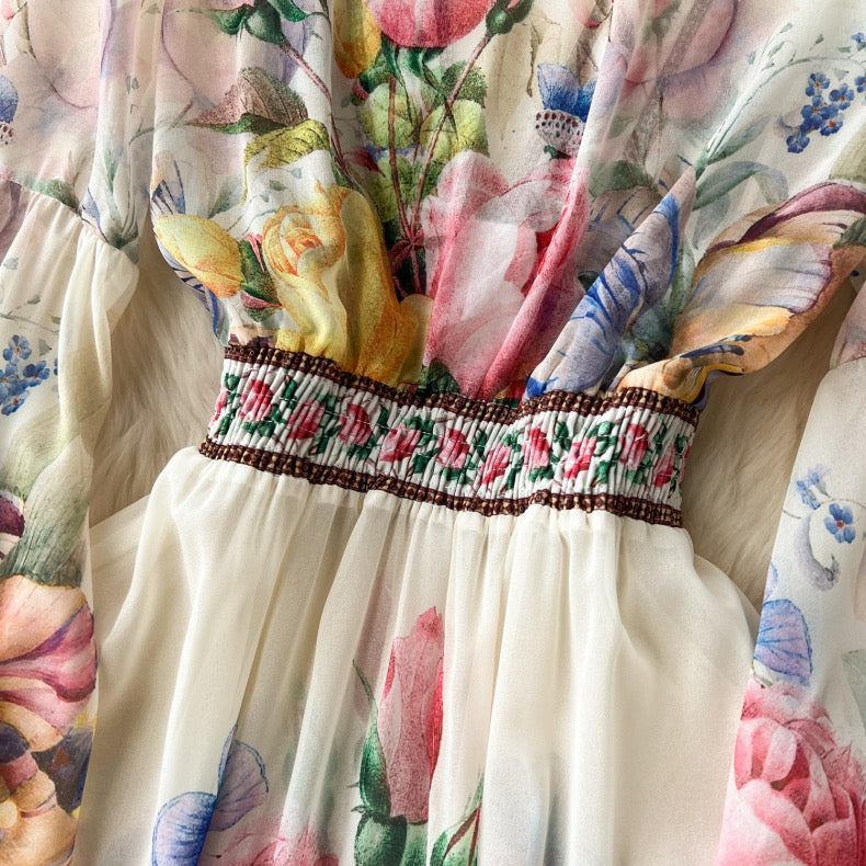 palace style  bell sleeves chiffon ruffle dress