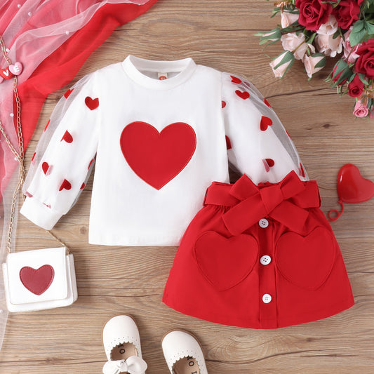 Baby Puff Sleeve Love Top Red Skirt and Belt Suit
