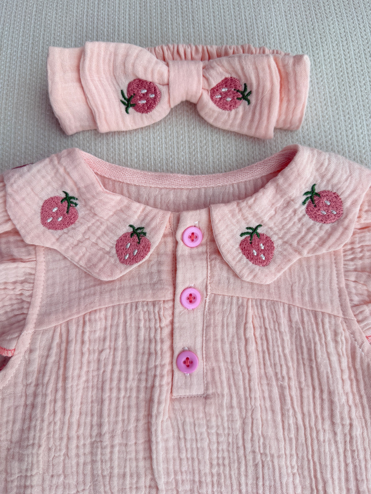 Organic cotton light pink strawberry romper set
