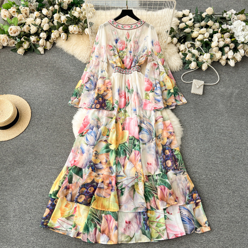 palace style  bell sleeves chiffon ruffle dress
