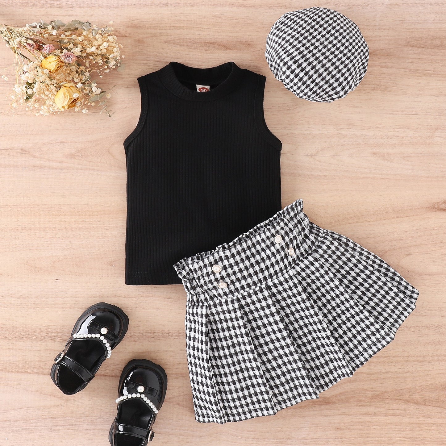 children's sleeveless tops houndstooth high-waisted pleated skirts hats girls' suits