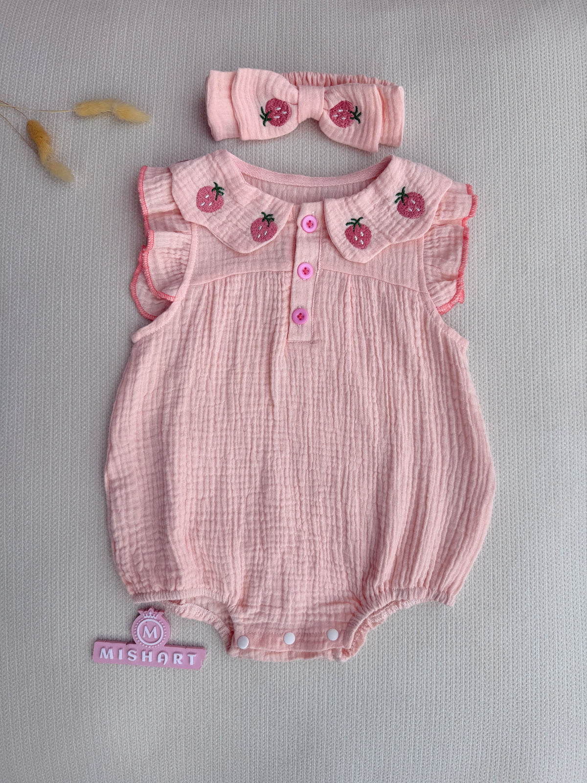 Organic cotton light pink strawberry romper set