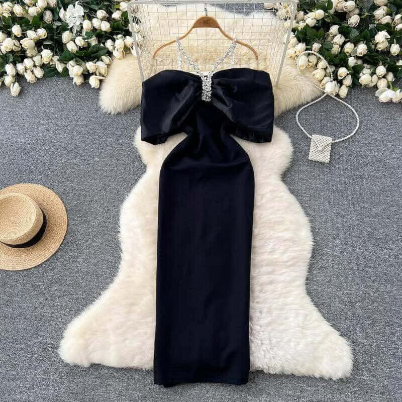 fashionable diamond chain halter bow, slim-fitting  dress