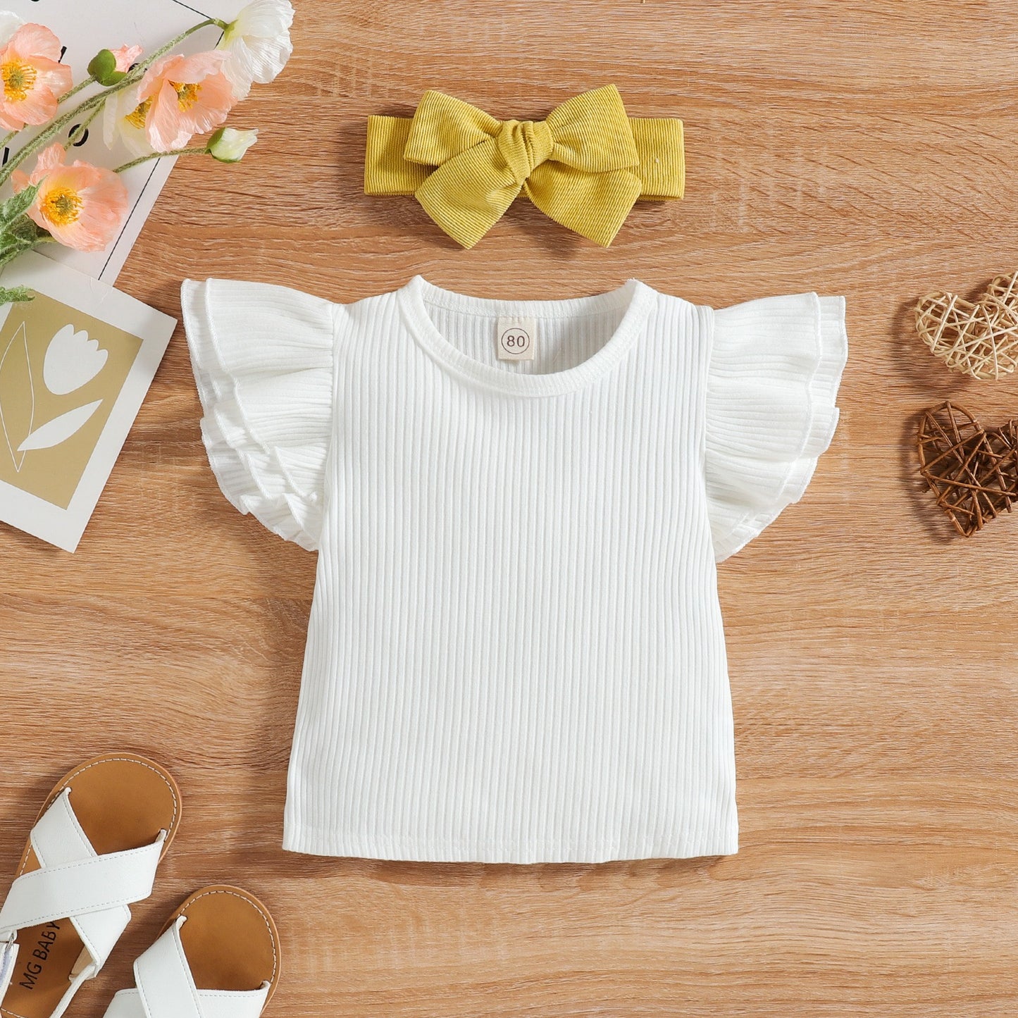 Baby flying sleeves corduroy skirt hairband set