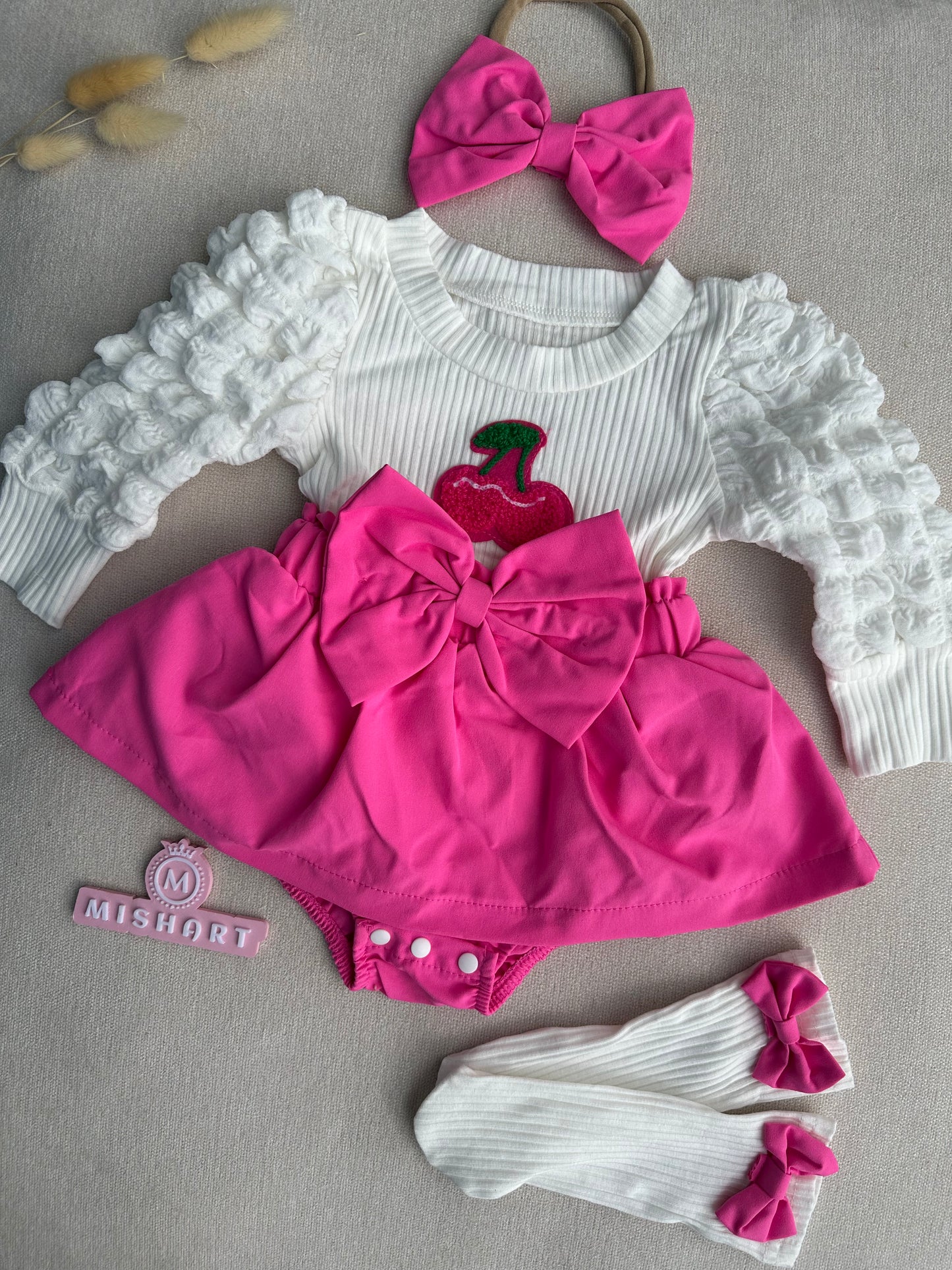 Beautiful pink cherry dress with socks & headband