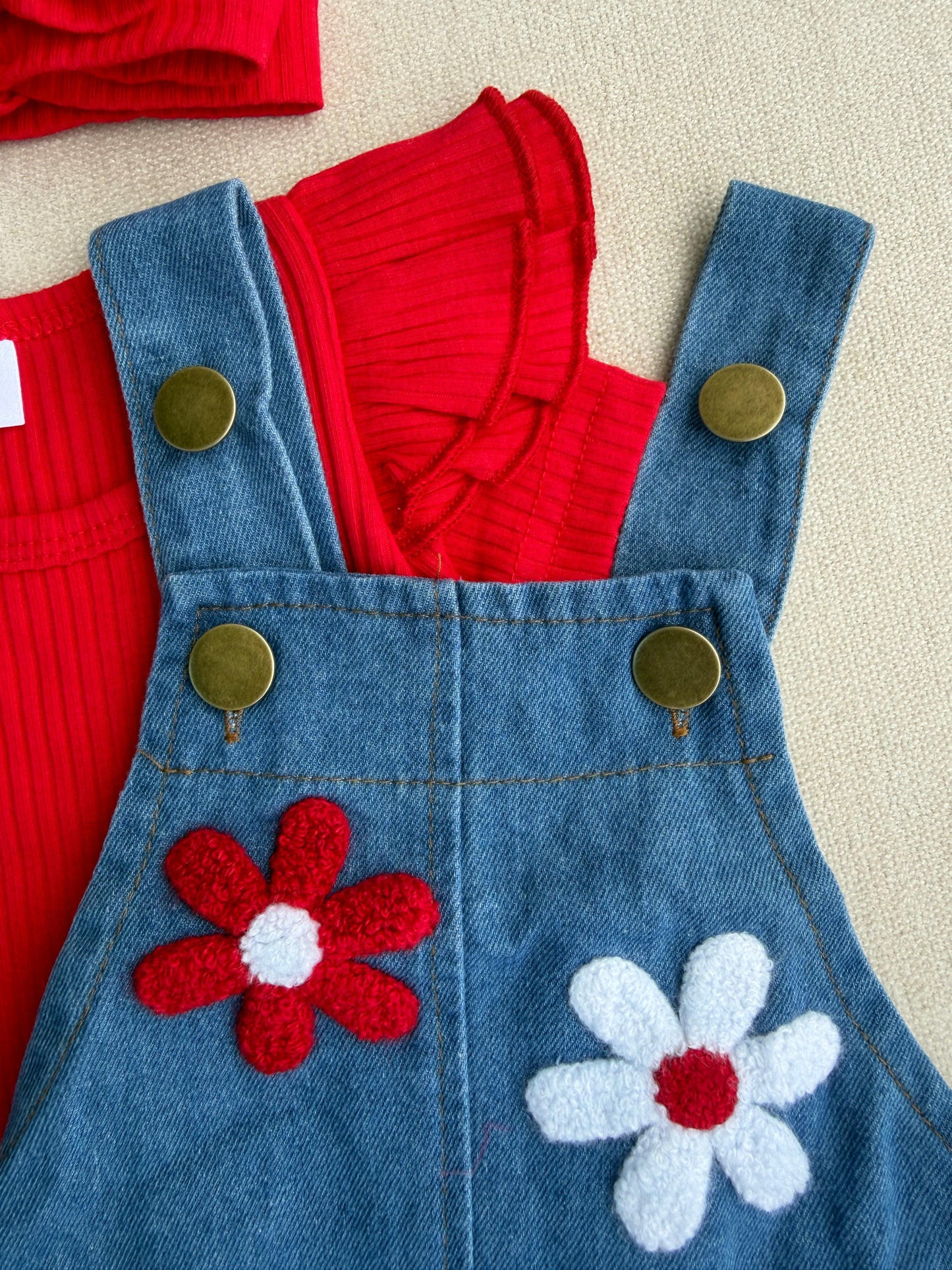 Red & Denim Floral Baby Girl Romper Set 🌸