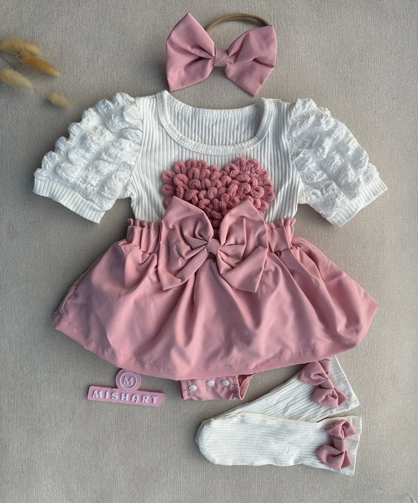 3D Cute love shape attached romper with headband & socks