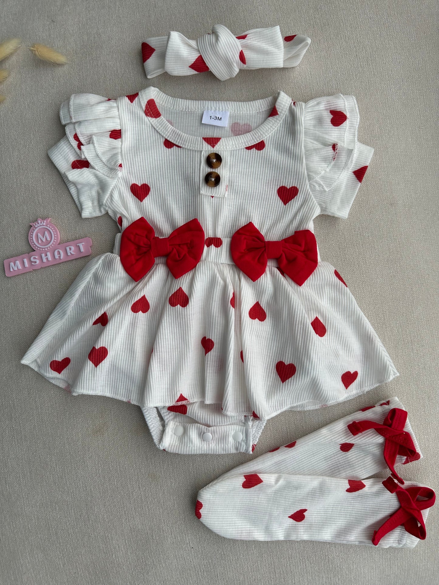 Love printed bow style romper , socks, ribbon headband