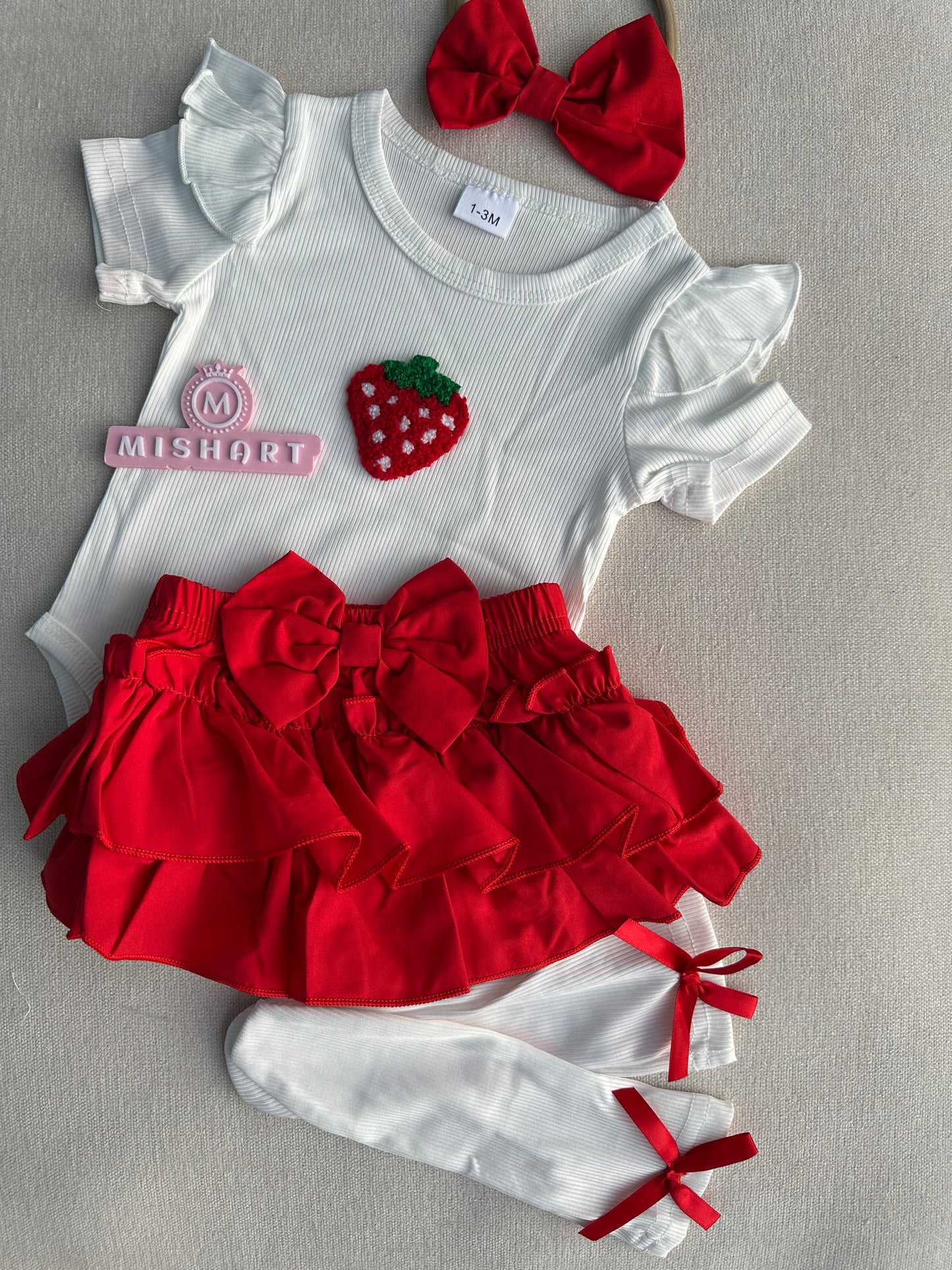 Strawberry romper skirt & socks & headband set