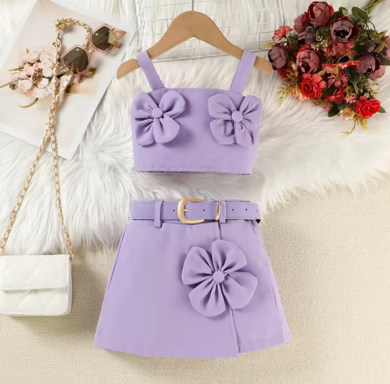 3D flower crop top with skirt & belt 4