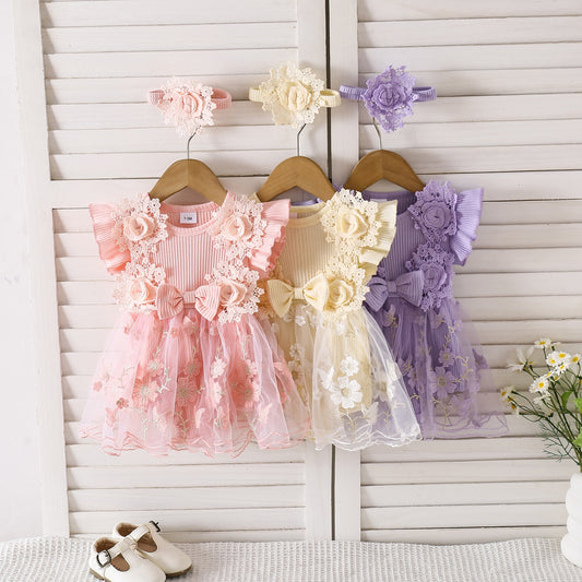 3D exclusive lace work dress with headband