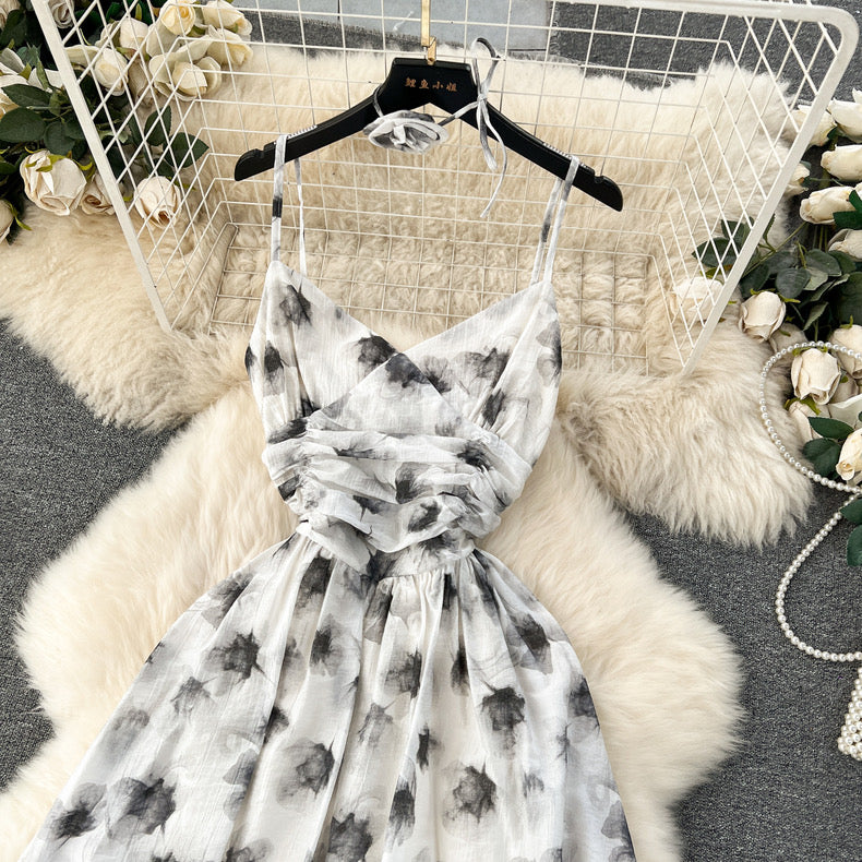 printed platycodon backless slim suspender dress m2417