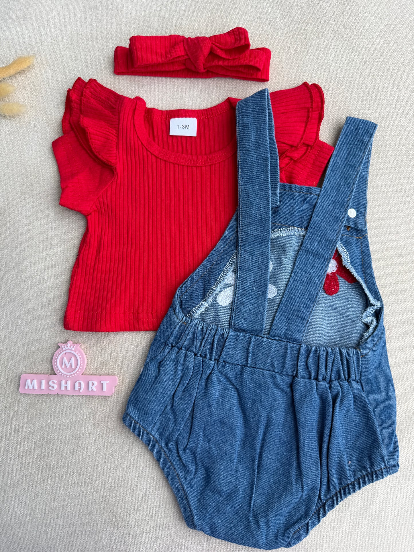 Red & Denim Floral Baby Girl Romper Set 🌸