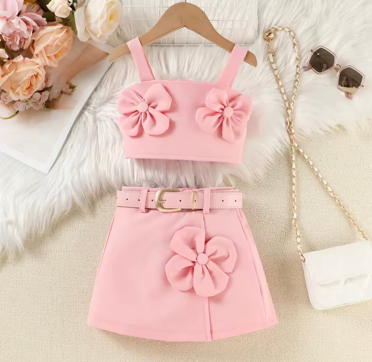 3D flower crop top with skirt & belt 3