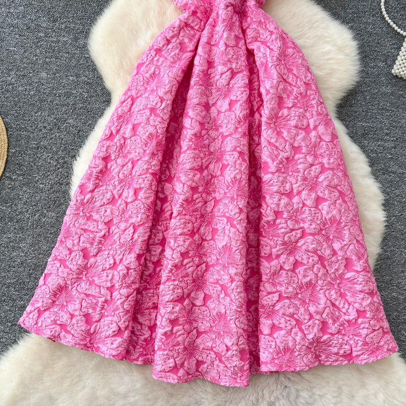 oblique shoulder jacquard wide swing dress