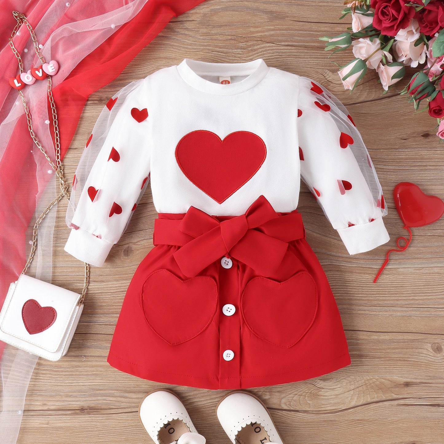 Baby Puff Sleeve Love Top Red Skirt and Belt Suit