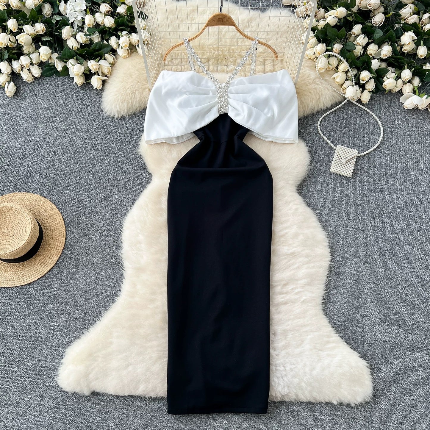 fashionable diamond chain halter bow, slim-fitting  dress