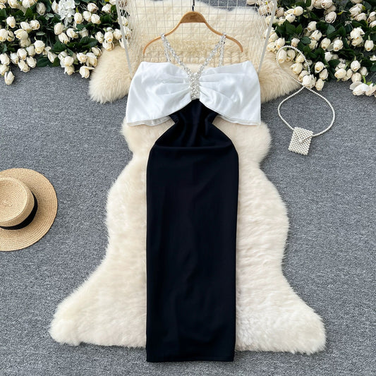 fashionable diamond chain halter bow, slim-fitting  dress